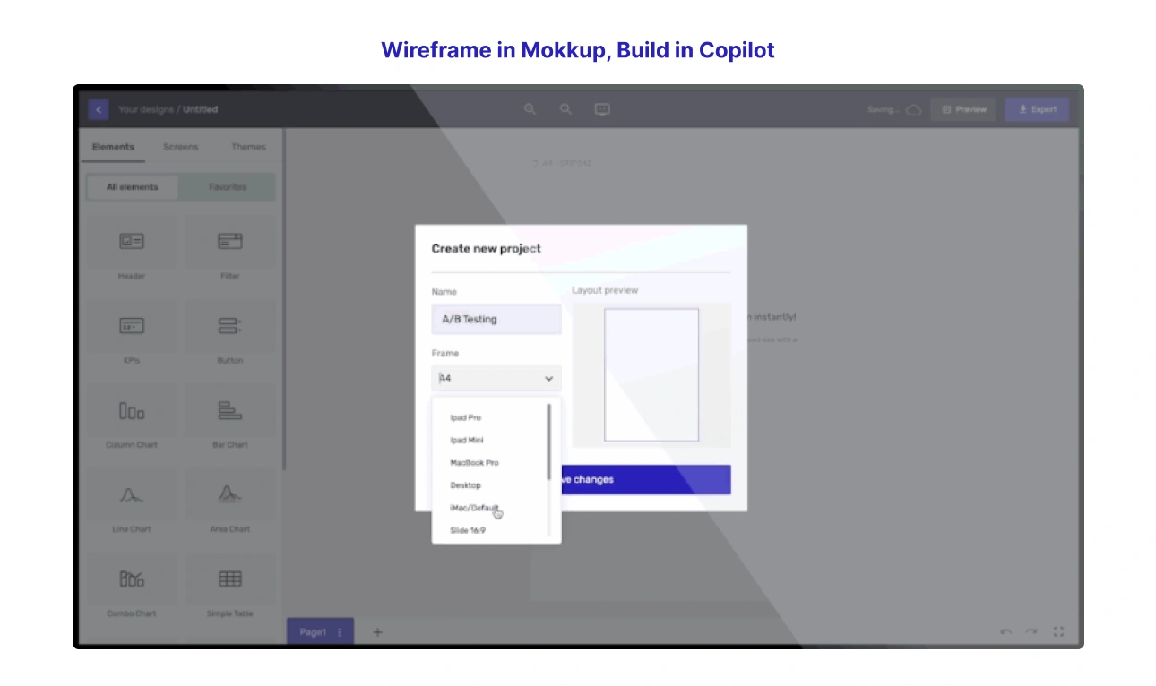 Wireframe in Mokkup before creating dashboard on Copilot