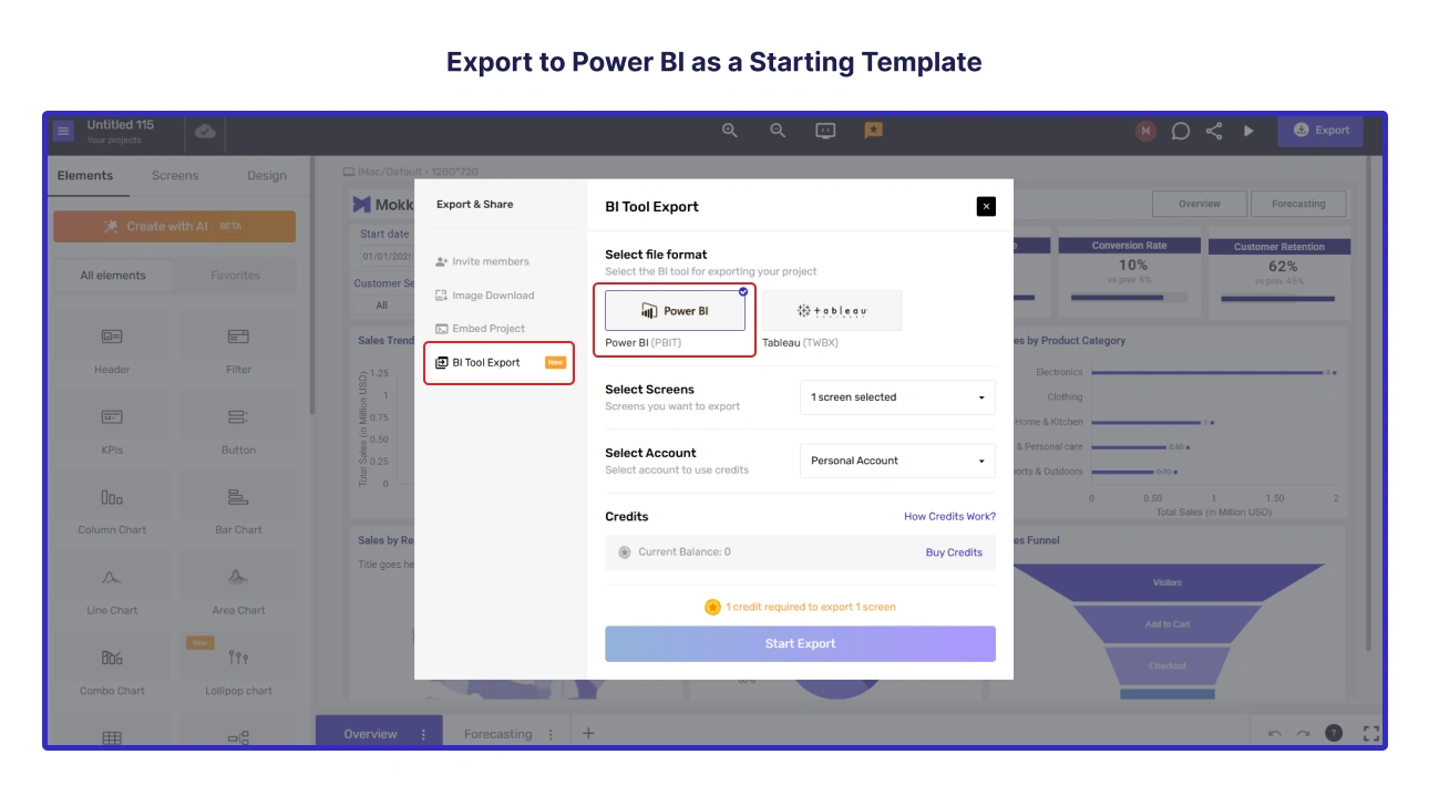 Export dashboard wireframe to Power BI in one click via Mokkup.ai