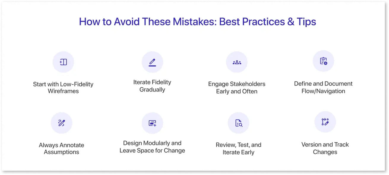 Infographic showing how to avoid power bi wireframing mistakes.