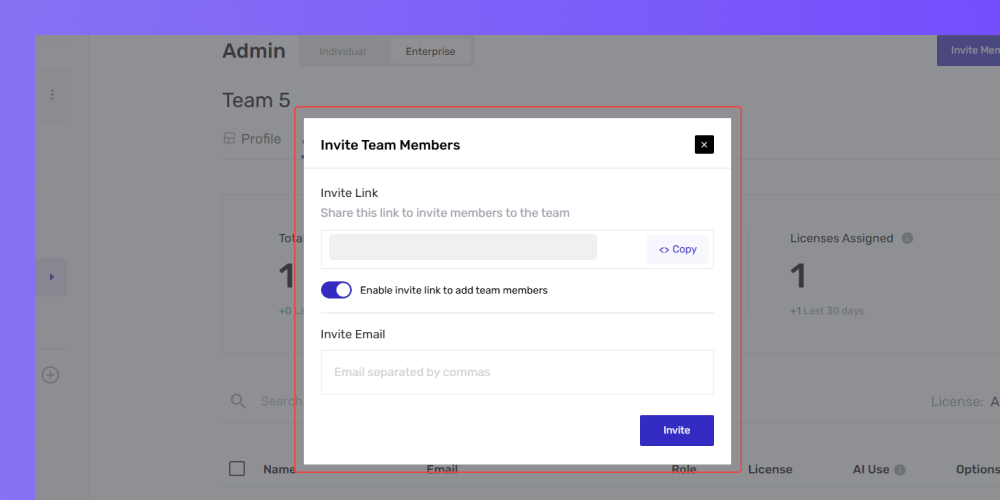 Enter email address to invite team members