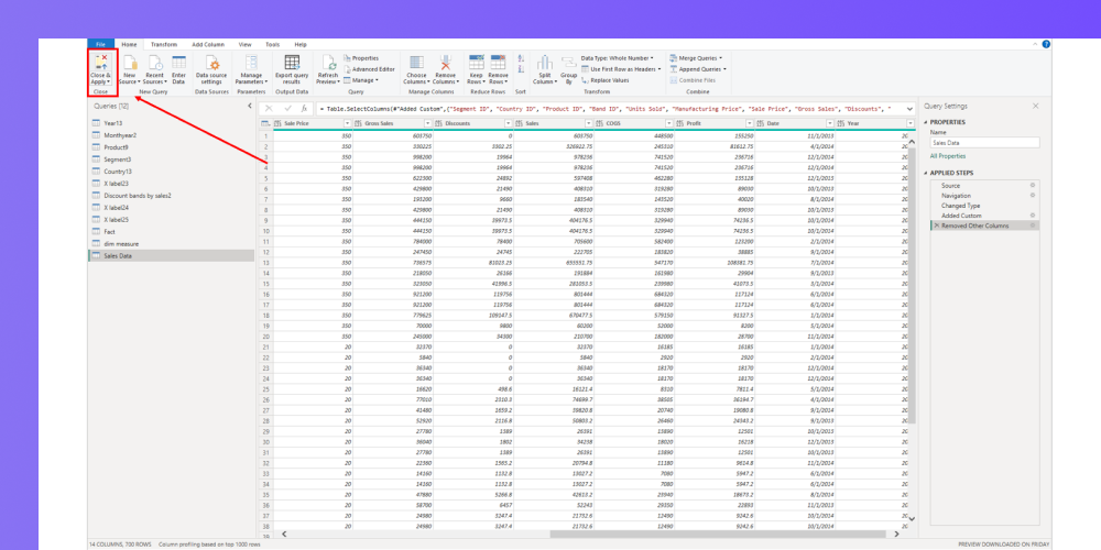 Load transform data in power BI using close and apply