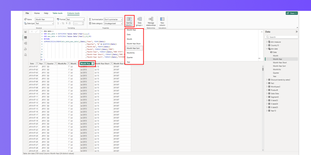 Sort data by column