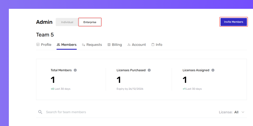 On the enterprise page, click on the invite members button