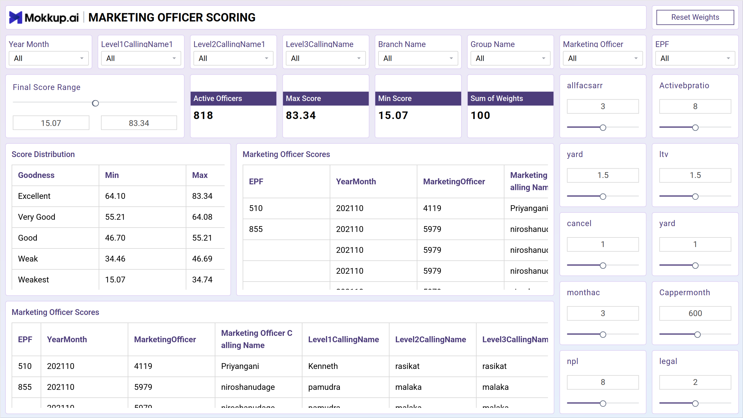 Screenshot of Marketing Officer Scoring where dashboard is created