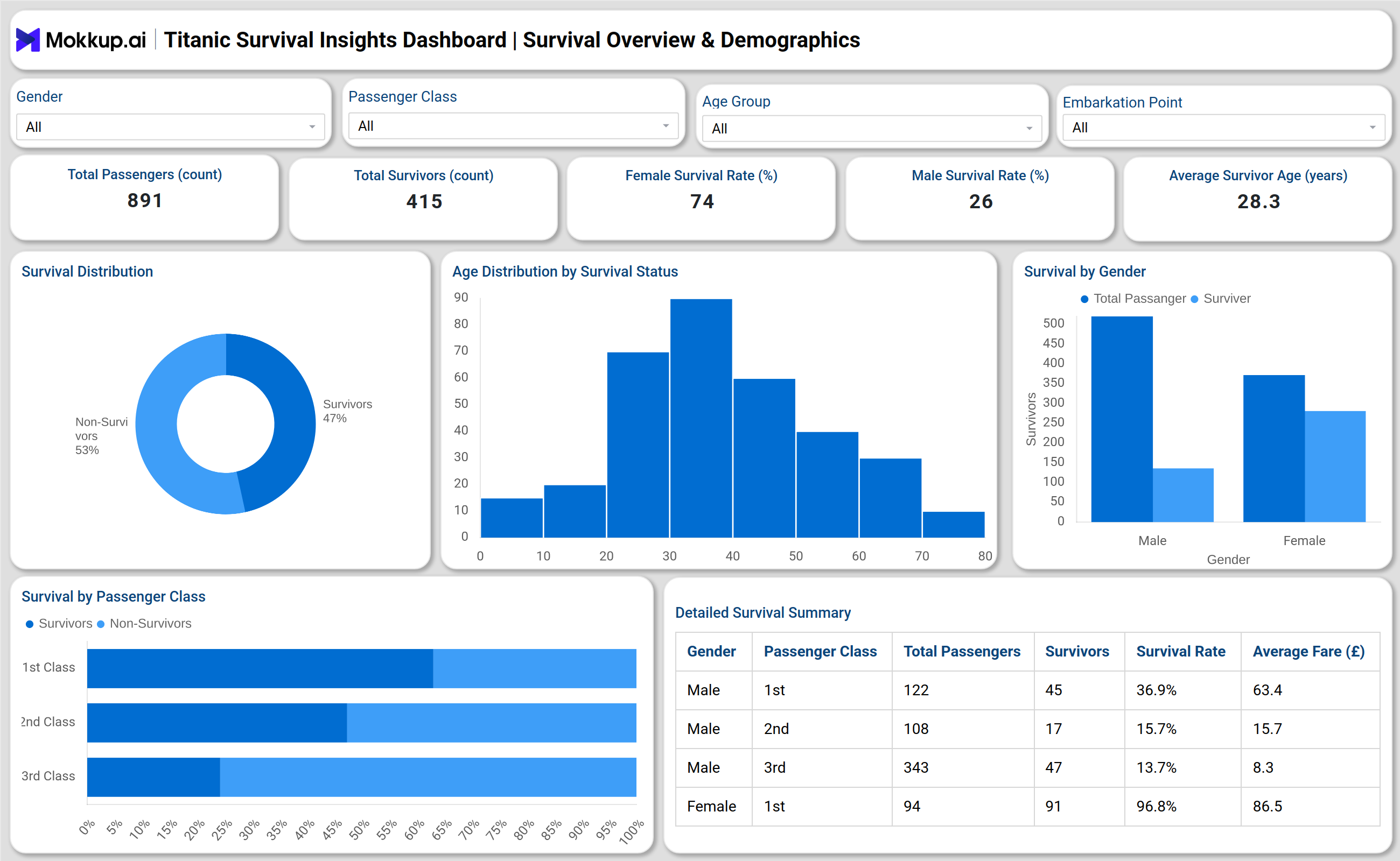 Screenshot of Titanic Survival Analysis Dashboard where dashboard is created