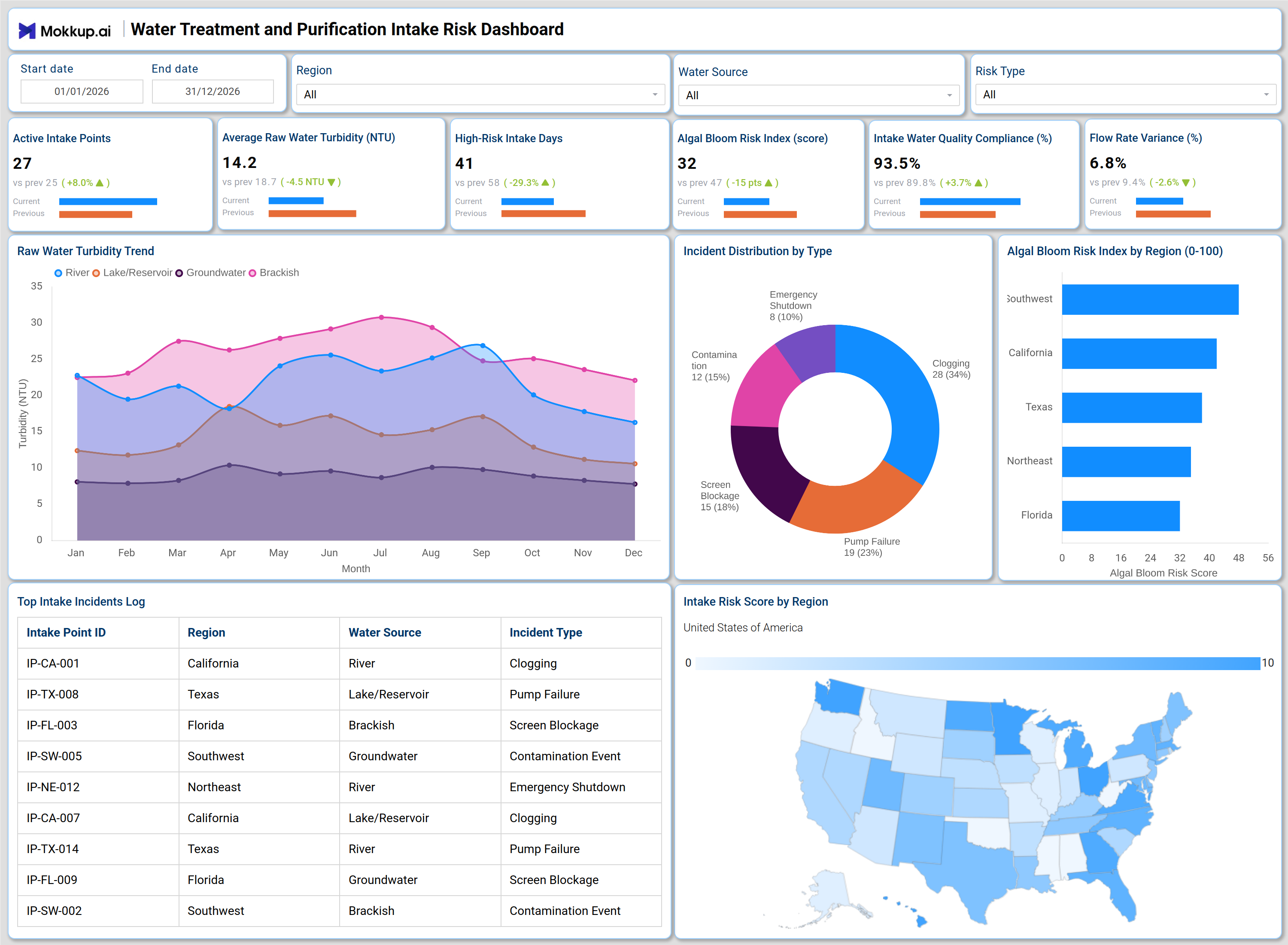 Screenshot of Water Treatment and Purification Intake Risk Dashboard  where dashboard is created